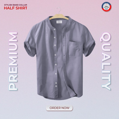 Oxford Cotton Half Sleeve Band Collar Shirt