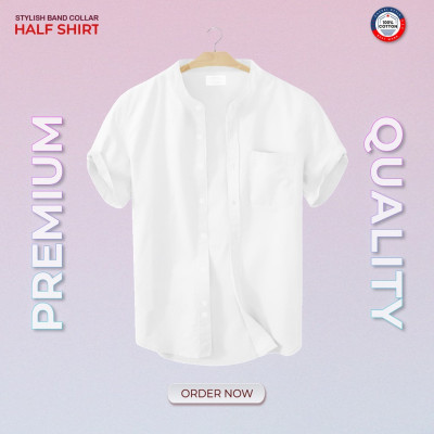 Oxford Cotton Half Sleeve Band Collar Shirt