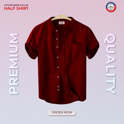 Oxford Cotton Half Sleeve Band Collar Shirt
