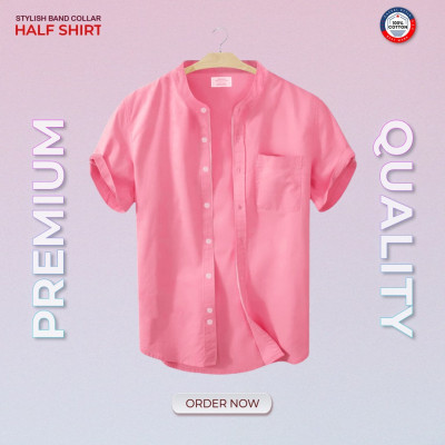 Oxford Cotton Half Sleeve Band Collar Shirt
