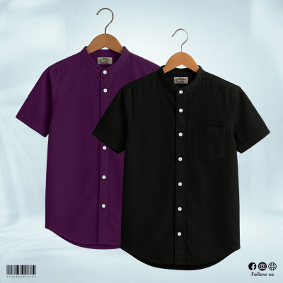 Oxford Cotton Half Sleeve Band Collar Shirt