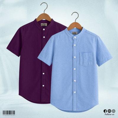 Oxford Cotton Half Sleeve Band Collar Shirt