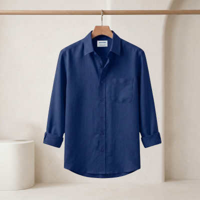 Long Sleeve Oxford Cotton Shirt-Navy Blue