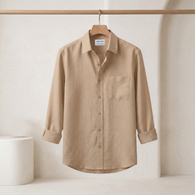 Long Sleeve Oxford Cotton Shirt-Beige